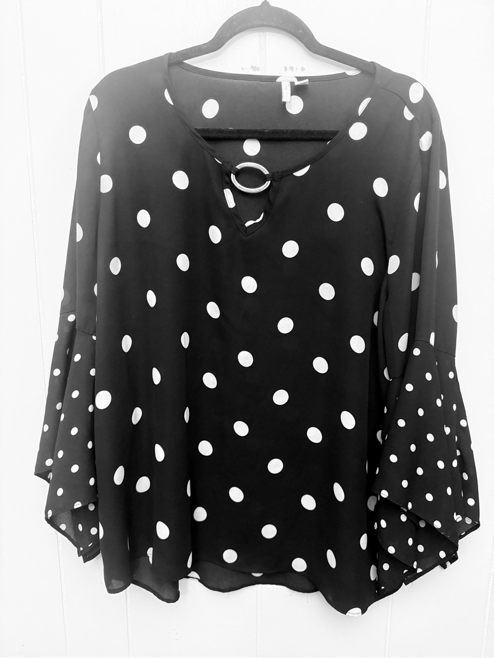 1989 Place Women’s Black Polka Dot Bell Sleeve Top with Ring Detail